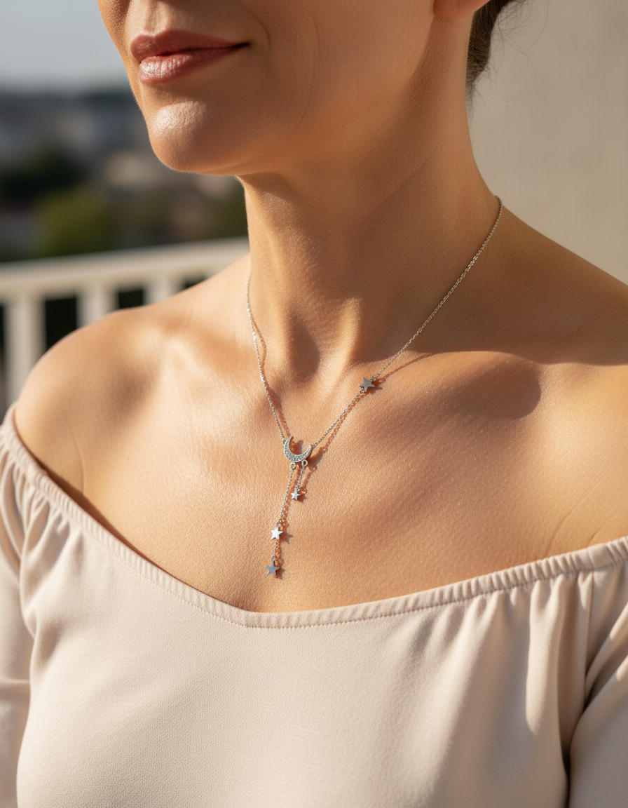 Colar Lua e Estrelas Prateado