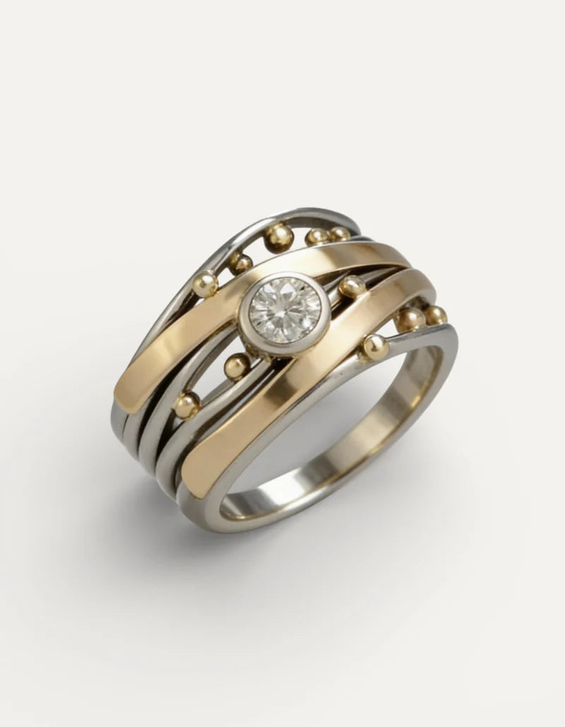 Anel Diamante Bicolor Multicamadas Moderno