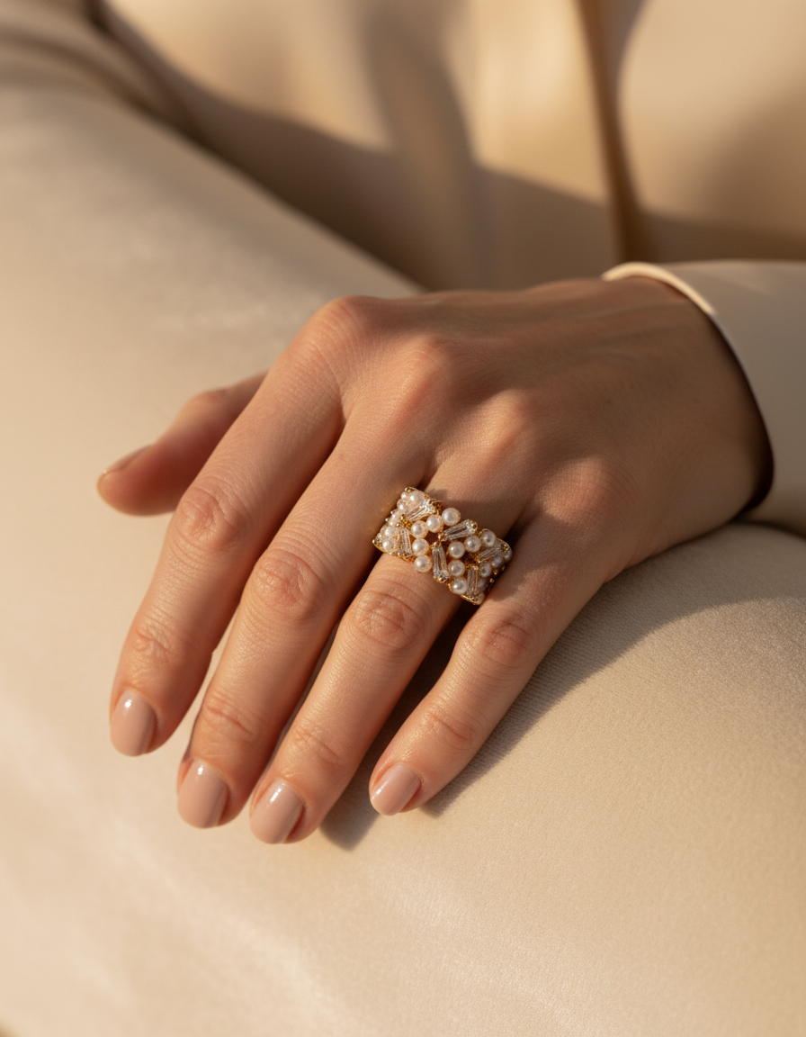 Adjustable Vintage Gold Pearl and Crystal Ring