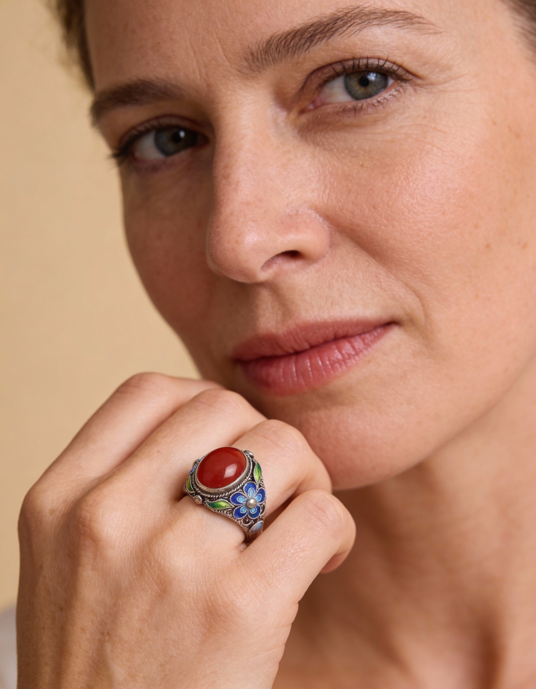 Adjustable Vintage Silver and Southern Red Tourmaline Inlay Ring