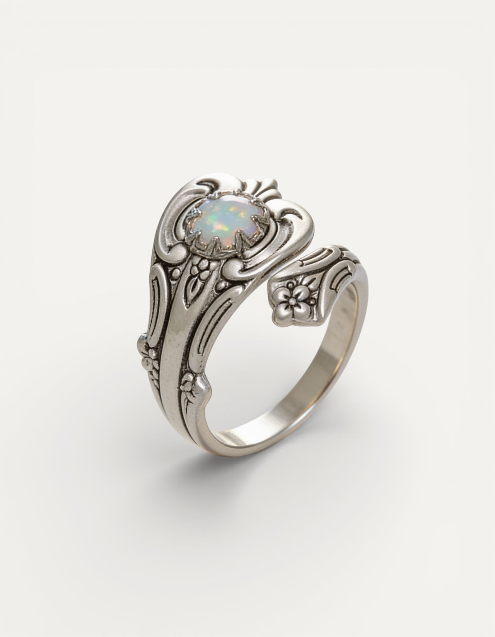 Adjustable White Opal Spoon Ring