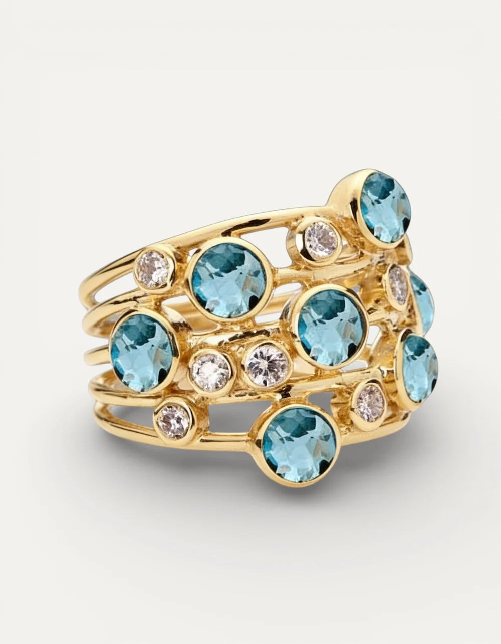 Anel Camadas Zircónia Azul Branco Dourado Vintage