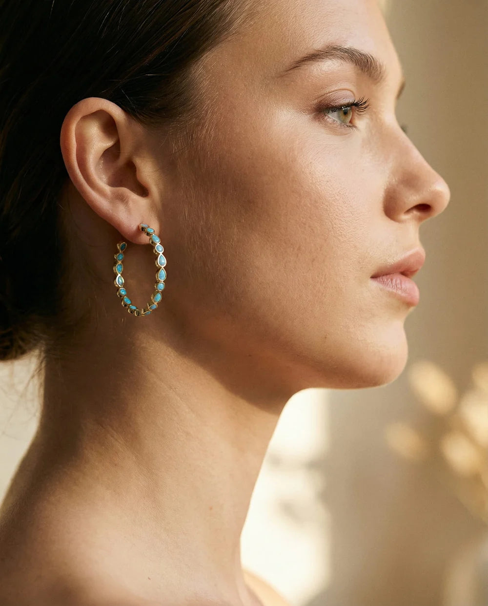 Brincos Argolas Opala Azul Ouro Vintage