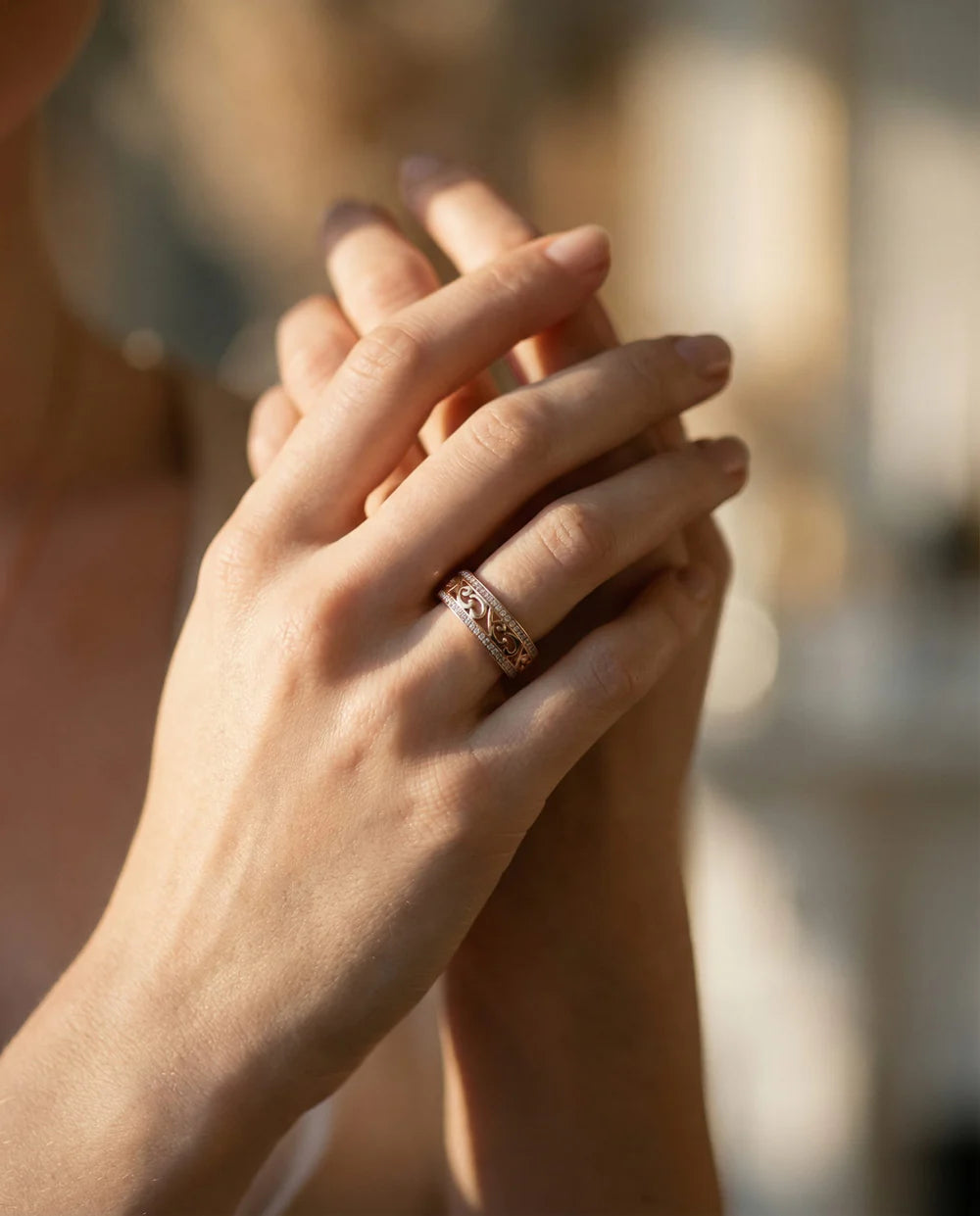 Anel Eternidade Filigrana Diamantes Ouro Rosa