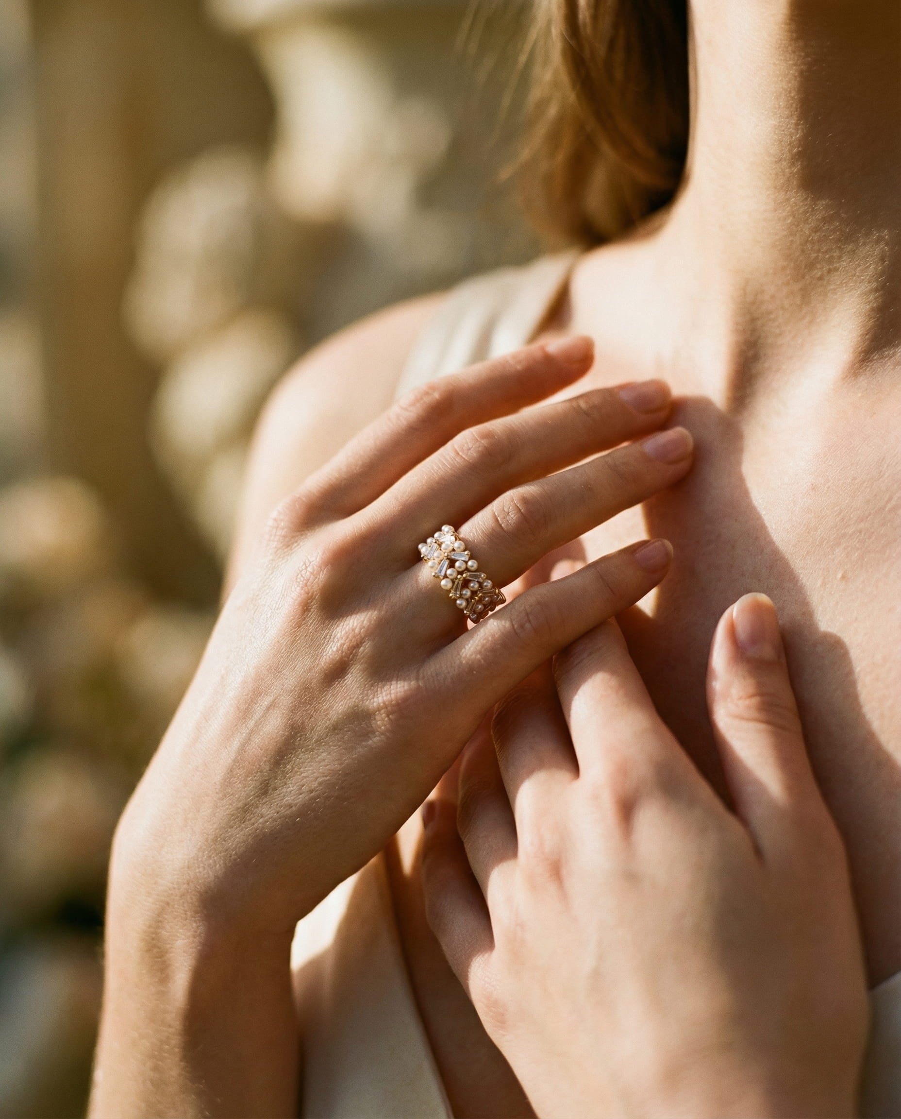 Adjustable Vintage Gold Pearl and Crystal Ring