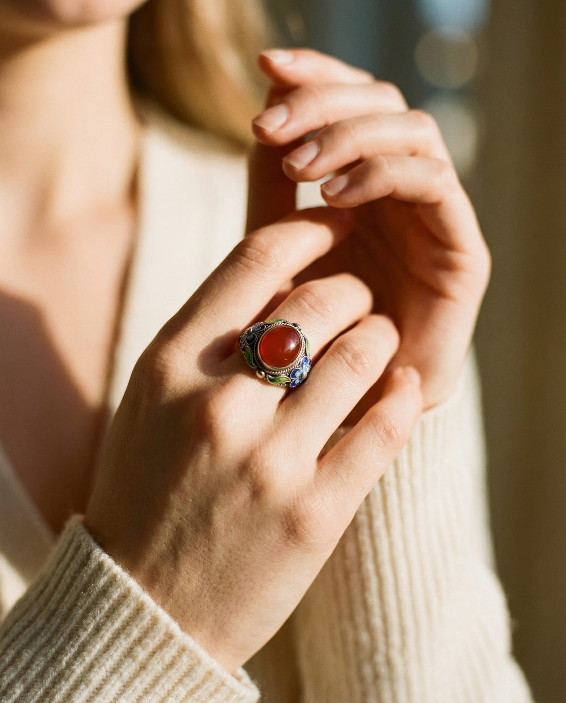 Adjustable Vintage Silver and Southern Red Tourmaline Inlay Ring